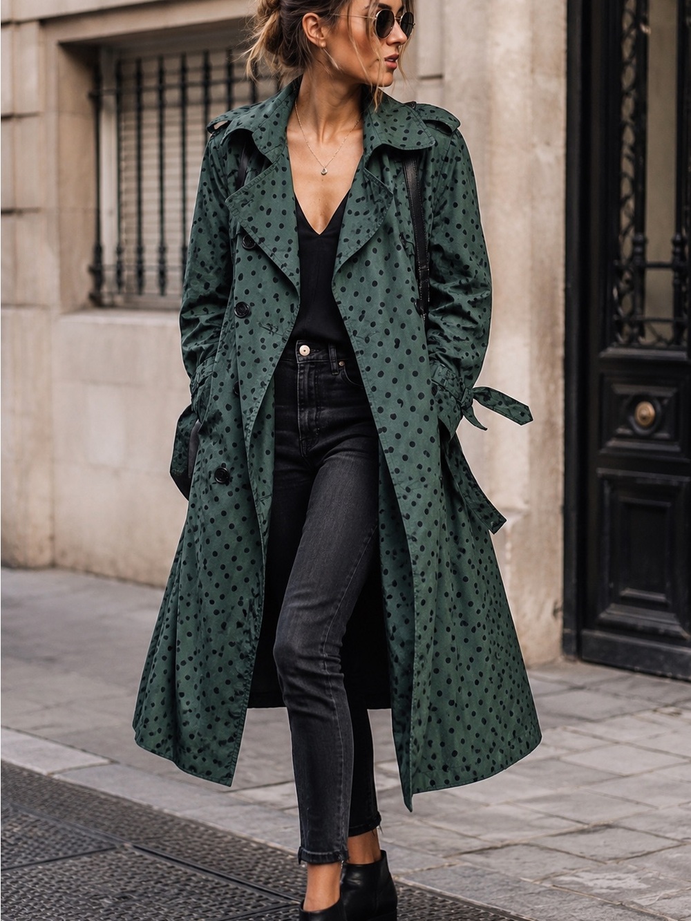 Polka Dot Trench Coat - Dark Green size M
